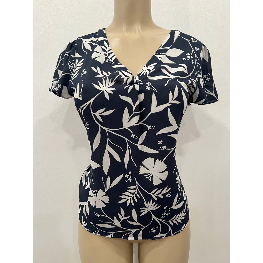 Loft Blouse Womens Navy Blue Floral Short Sleeve V-Neck Top Size XS Office Chic
